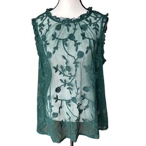 Torrid Emerald Green Floral Embroidered Mesh Sleeveless Top - Size 1